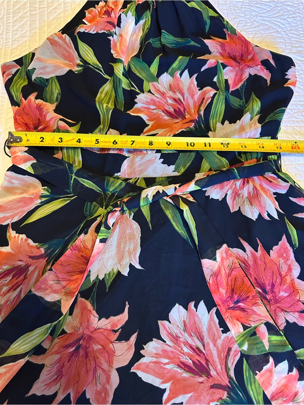 Eliza J Navy Blue Halter Floral handkerchief Dress in Coral and Green - Picture 8 of 12